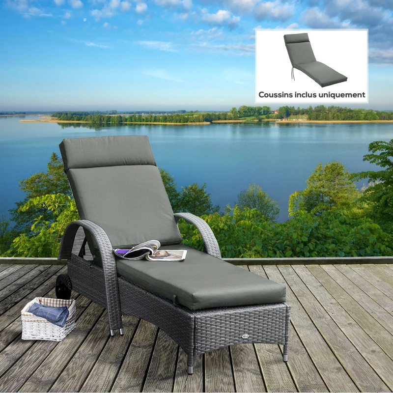 Outsunny Coussins de chaise longue coussin bain de soleil épais, confortable et rembourré, 2 attaches, 196 x 55 x 8 cm, gris