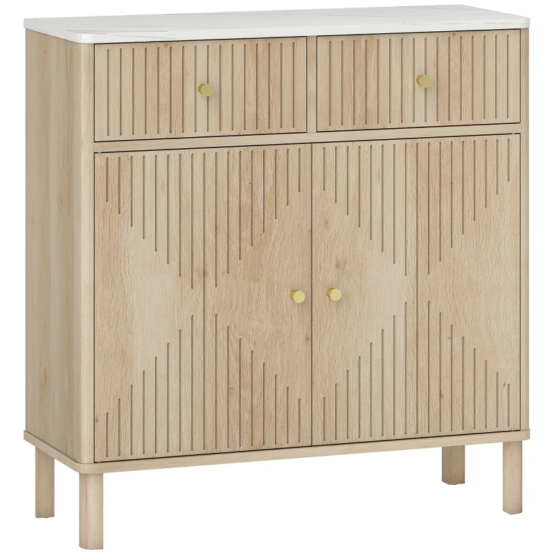 HOMCOM Buffet, meuble de rangement cannelé avec plateau effet marbre, 2 tiroirs, 2 portes, étagère réglable, 77x30x80cm, chêne