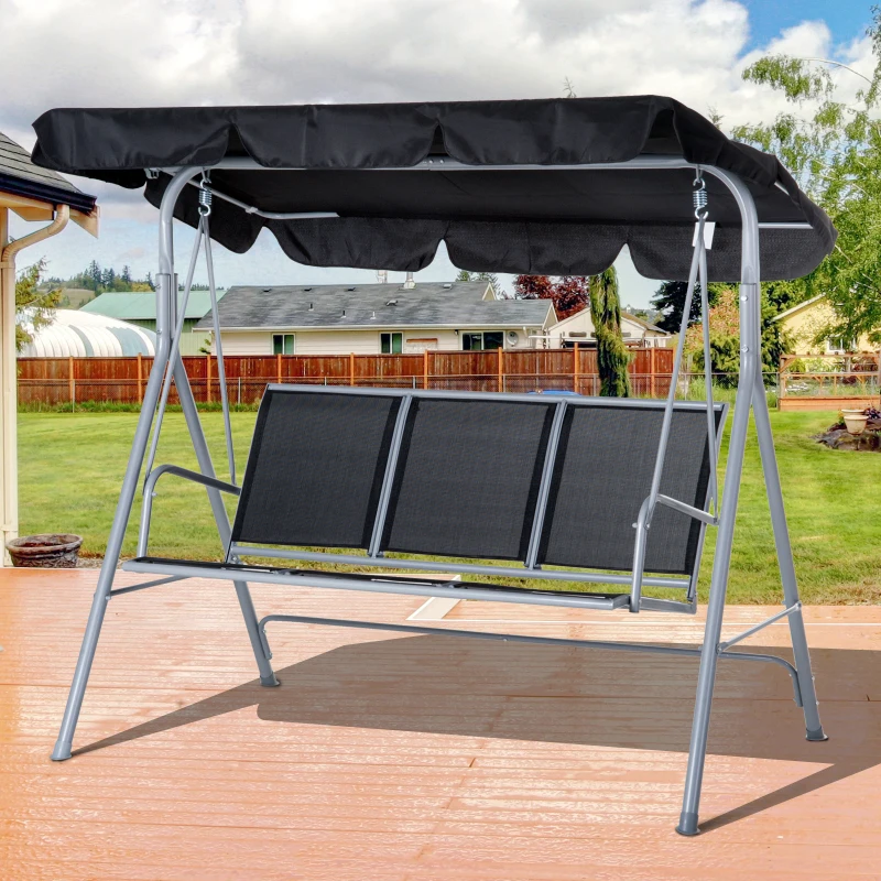 Outsunny Metal Garden Swing Chair, 3-Seater Swing Seat, Patio Hammock Bench Canopy Lounger, Black