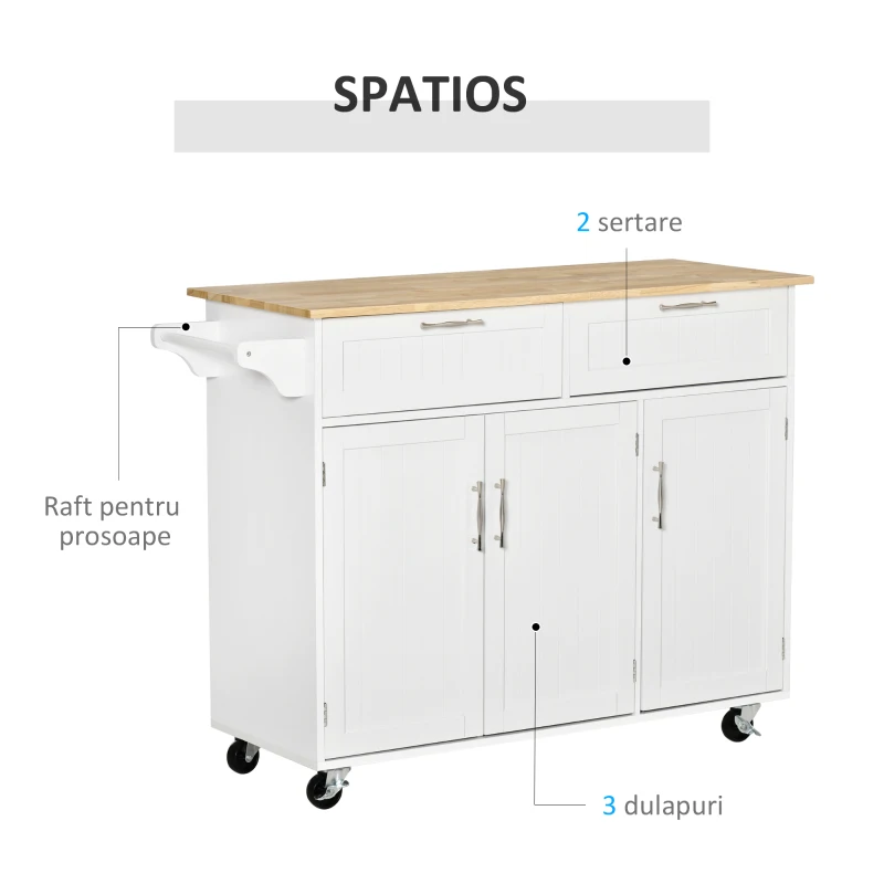 Homcom Carucior Bucatarie Multifunctional cu Sertare & Usi, 121×46×91 cm