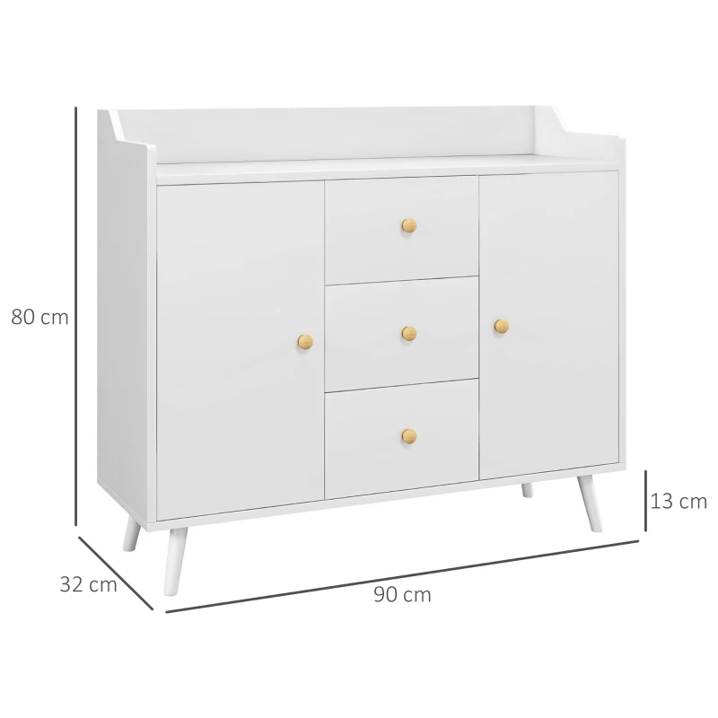 HOMCOM Buffet, meuble de rangement avec 2 portes, 3 tiroirs et pieds en bois massif, style moderne, 90 x 32 x 80 cm, blanc