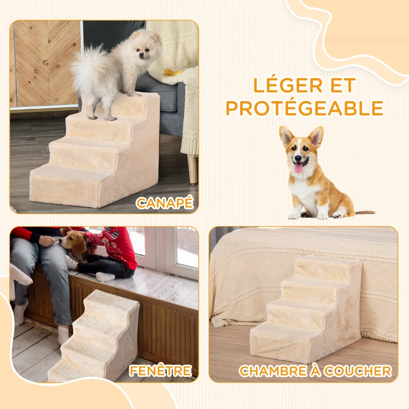 PawHut Escalier pour chien à 4 marches escalier pour chat échelle antidérapante housse amovible et lavable 60 x 35 x 44cm beige