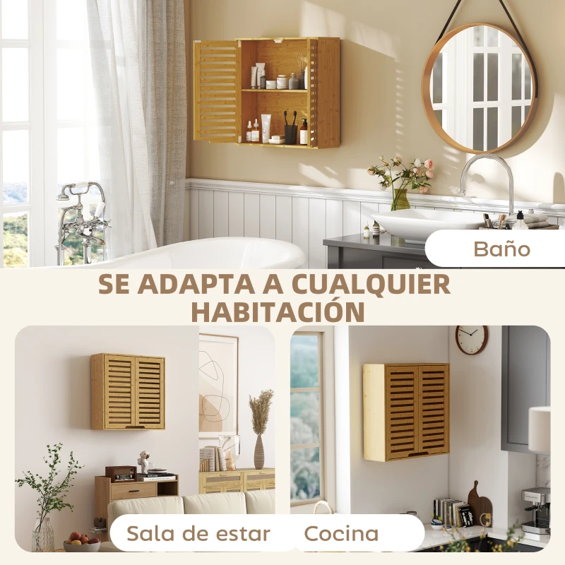 HOMCOM Armario de Baño de Pared de Bambú Mueble de Baño Colgante con Estante Ajustable Puertas de Lamas Natural