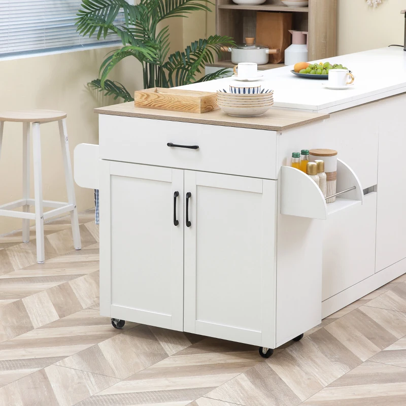 HOMCOM Dessert îlot de cuisine multi-rangements 1 tiroirs 1 placard 2 portes avec étagère réglable porte-torchons et porte-épices - bois blanc