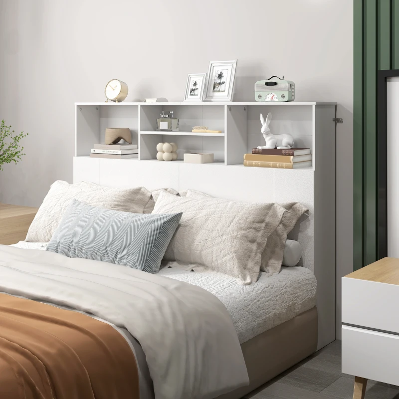 HOMCOM Tête de lit sur pied avec rangements, accessoire de lit 4 compartiments ouverts, 140 x 19 x 103,5 cm, blanc