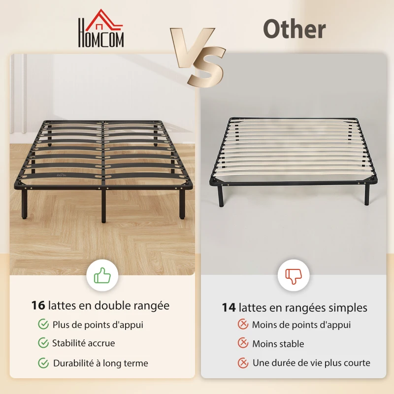 HOMCOM Cadre de lit 160 x 200 cm, lit 2 personnes avec sommier à lattes en bois massif et pied, avec rangement au-dessous, noir