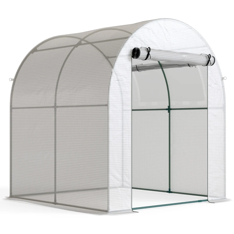 Outsunny Walk in Polytunnel Greenhouse, Green House for Garden with Roll-up Window and Door, 1.8 x 1.8 x 2 m, White