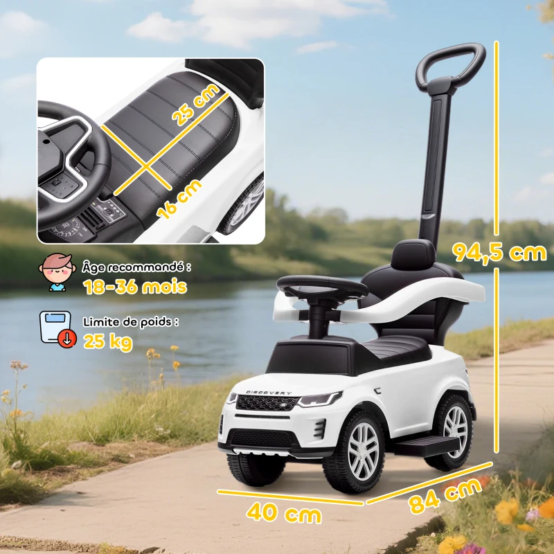 AIYAPLAY Porteur enfants Land Rover Discovery sous licence, porteur voiture à pousser avec poignée amovible, 84x40x94,5cm, blanc