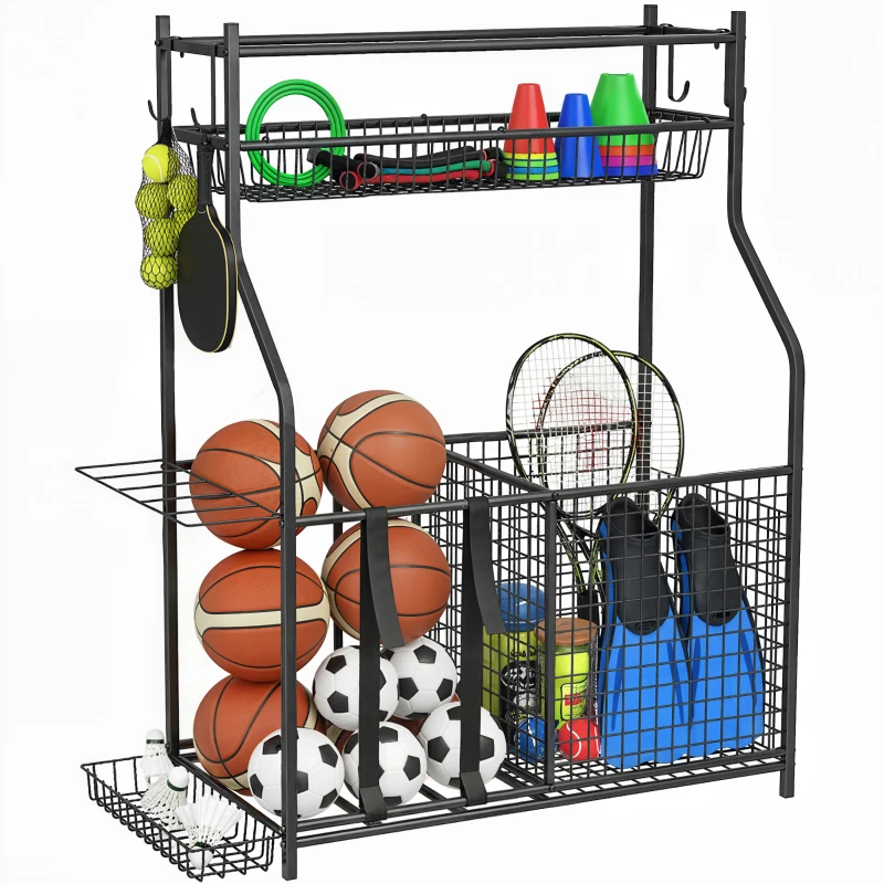 SPORTNOW Organizador de Equipamentos Desportivos com Cesta Ganchos Removíveis e Faixas Elásticas Suporte para Bolas 92x42x109 cm Preto