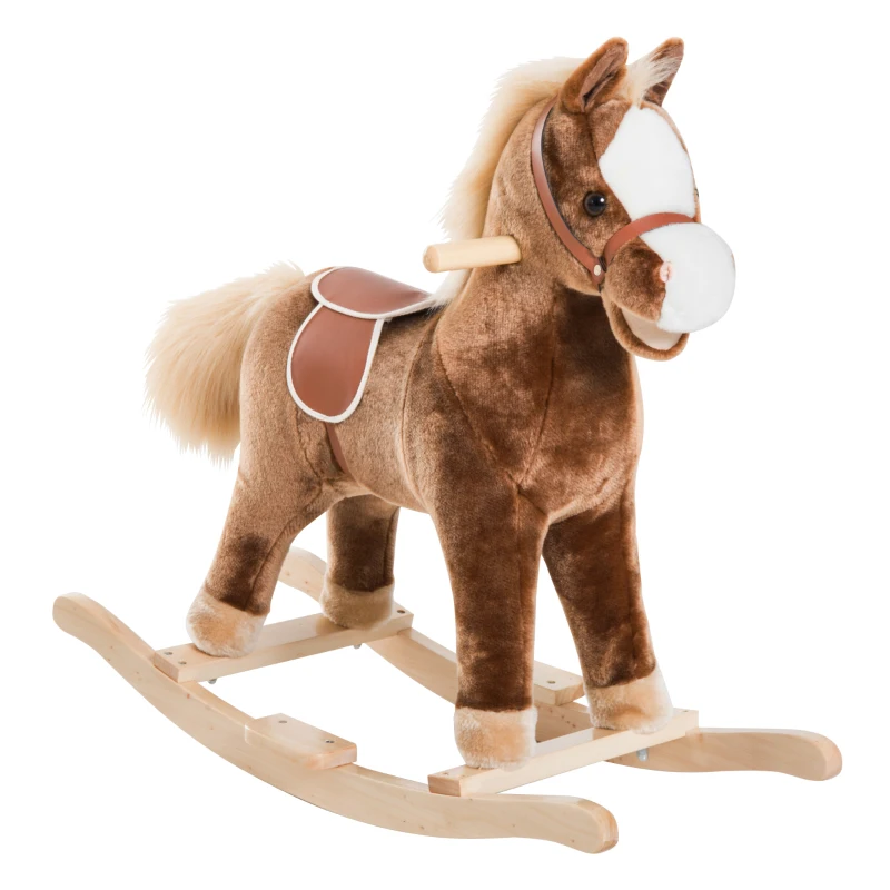 HOMCOM Cheval à Bascule Cheval de Cowboy Selle Grand Confort pour Enfants de 36+Mois Peluche Courte Douce Bois peuplier Charge 40 Kg Brun Blanc