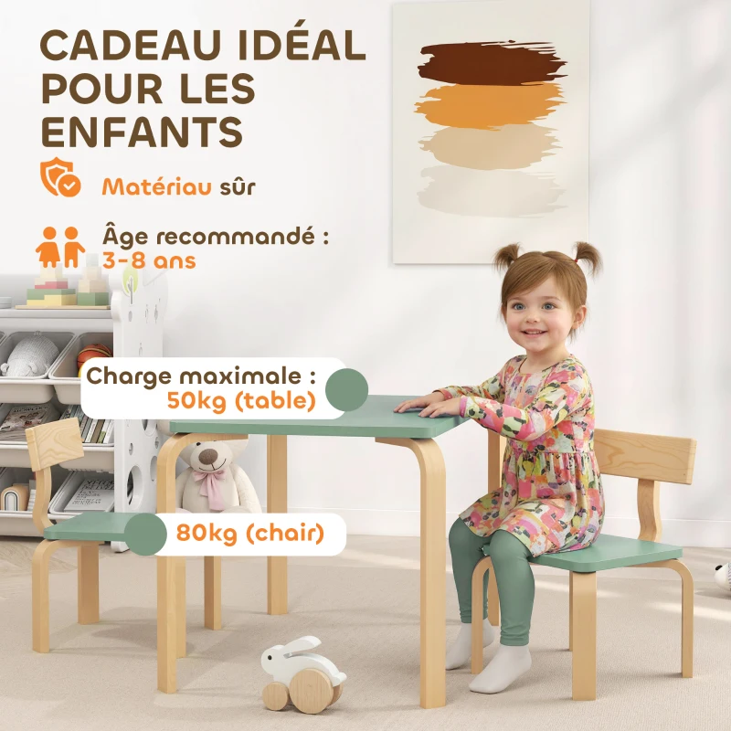 AIYAPLAY Table enfant avec chaises, lot table et 2 chaises enfant en bois pour dessiner, jouer, étudier, 78x53x53cm, vert