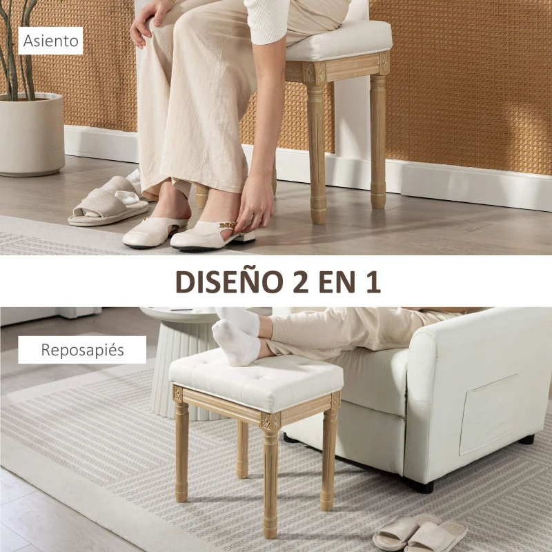HOMCOM Reposapiés Salón Estilo Rústico Tapizado en Lino Sintético con Madera Maciza Patas Talladas Asiento Acolchado Beige