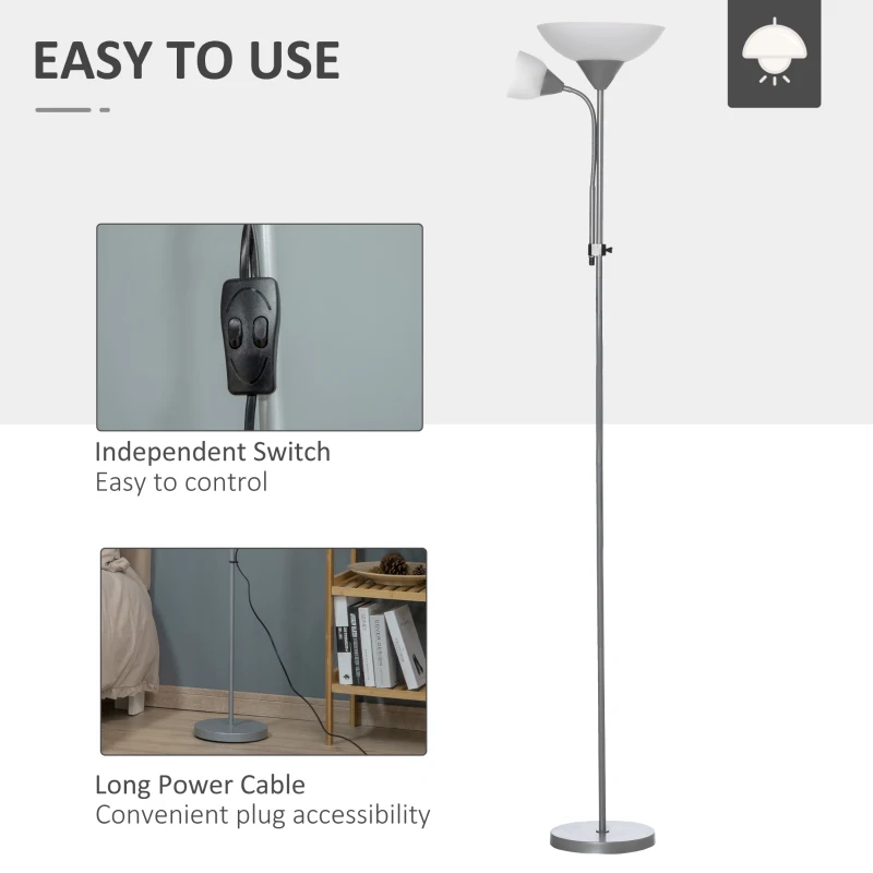HOMCOM Modern Floor Lamp, Uplighter 2-Light Reading Lamp with Adjustable Heads, Tall Standing Lamp for Living Room, Bedroom, Office