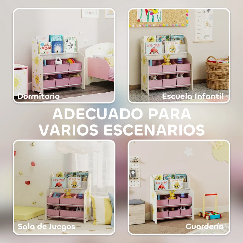 AIYAPLAY Estantería Infantil para Juguetes con 6 Cajas Extraíbles de Tela no Tejida y 2 Estantes para Guardería 63x30x71 cm Rosa