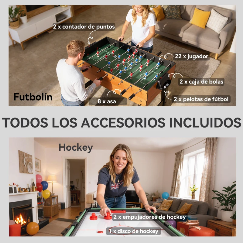 SPORTNOW Mesa Multijuegos 5 en 1 con Futbolines para Niños Billar Ping-pong Hockey y Baloncesto 134x108x144 cm Natural y Negro