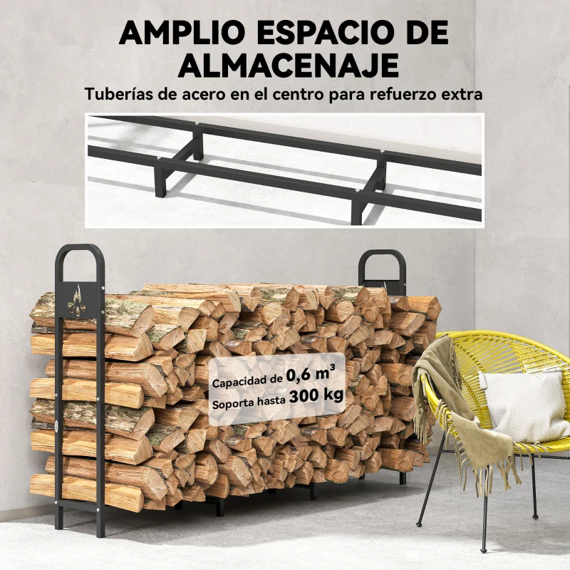 Outsunny Leñero Exterior Metálico de Chimenea con Patas Extra Reforzadas y Diseño Recortado de Fogata Carga 300 kg Negro