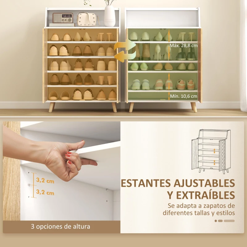 HOMCOM Zapatero Entrada Recibidor con 2 Puertas Estantes Ajustables y Compartimento Abierto 75x35x104 cm Blanco y Natural