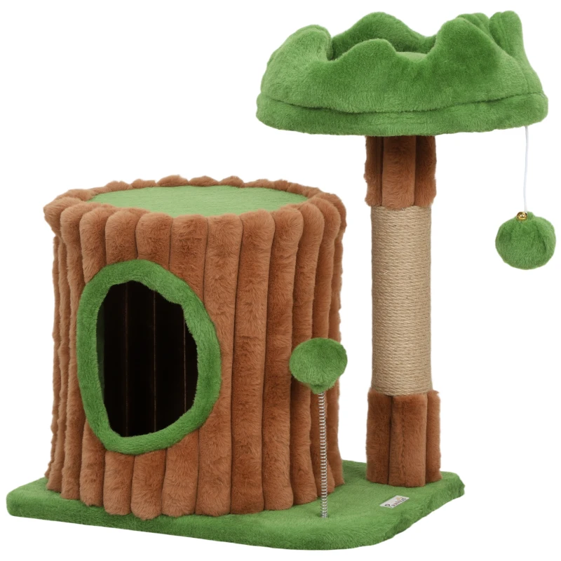 PawHut Arranhador para Gatos 53 cm Design de Tronco com Cama Caverna Poste de Juta Bolas Penduradas 40x30x53 cm Castanho e Verde