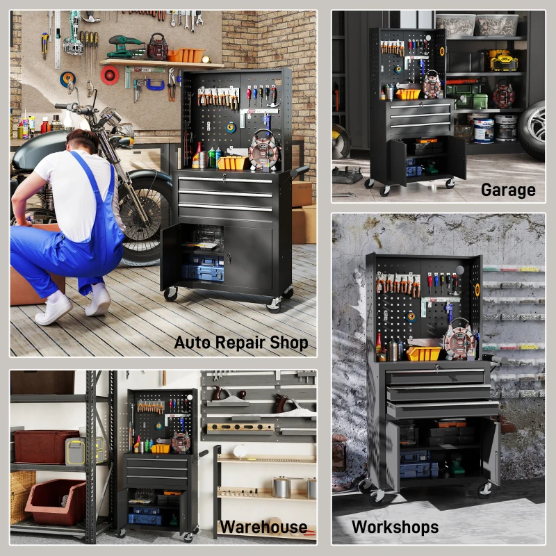 HOMCOM Carrinho de Ferramentas com 3 Gavetas e Painel de Perfurado Fechadura com Chave Prateleira Ajustável 2 Rodas com Travão de Bloqueio 69x33x133 cm Preto