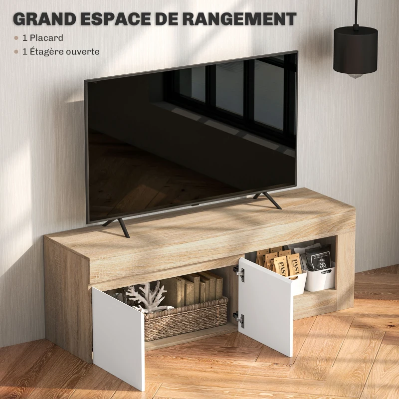 HOMCOM Meuble TV 2 portes pour téléviseurs jusqu'à 60 pouces, meuble télé avec placard et étagère ouverte, effet bois naturel