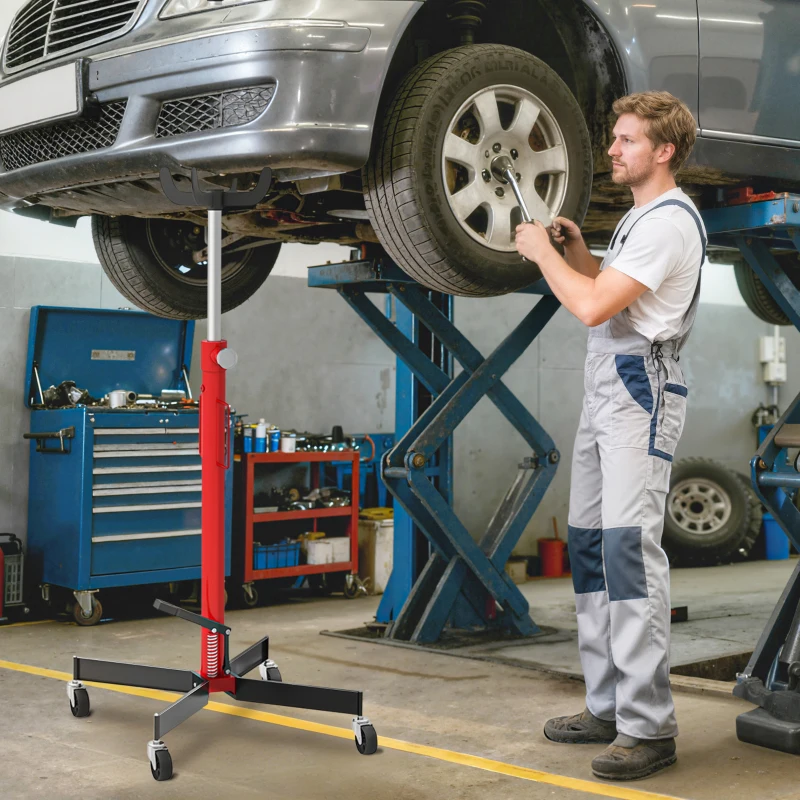 HOMCOM Hydraulischer Grubenheber, Wagenheber 500 kg, mit schwenkbaren Rädern und Pedal, Stahl, 58 x 58 x 110-191,5 cm rot