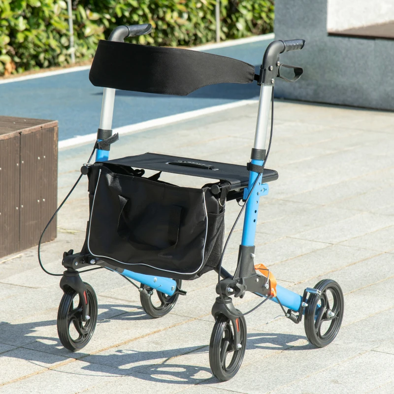 HOMCOM Déambulateur pliant avec siège et dossier 4 roues pliable réglable avec sac de rangement freins à main bleu et noir