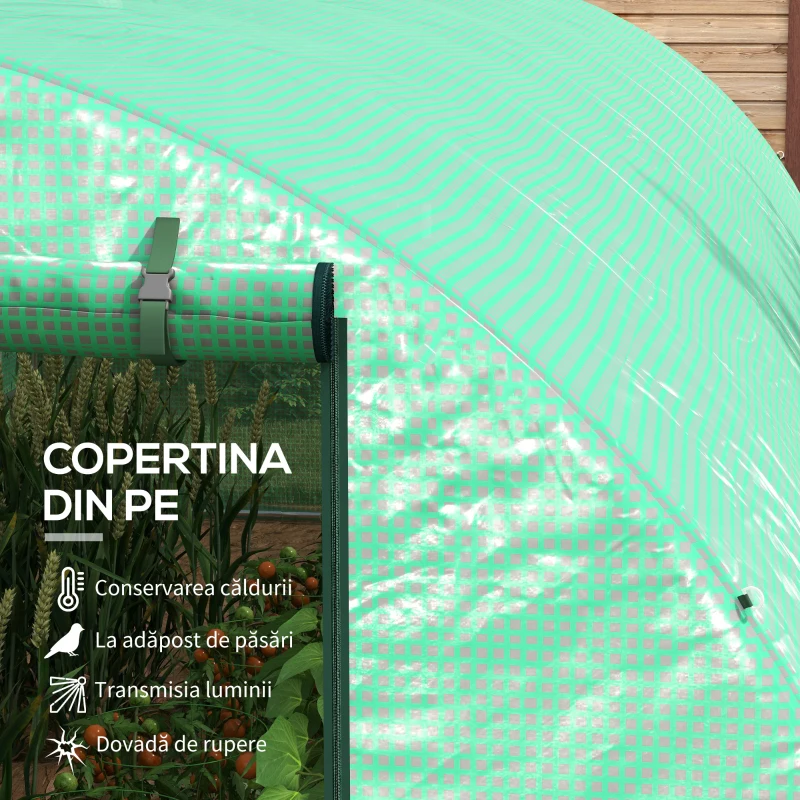 Outsunny Seră Politunel cu Sistem de Stropitoare, Ușă Rulantă și 12 Ferestre cu Plasă, 600x300x195 cm, Verde(m-5)