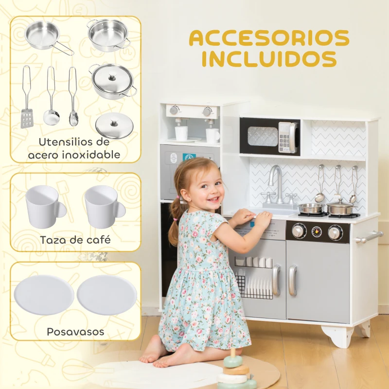 AIYAPLAY Cocina de Juguete de Madera con Sonido Accesorios de Acero Inoxidable para Niños a Partir de 3 Años Blanco