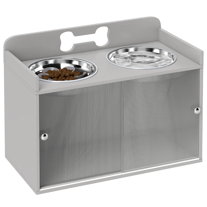 PawHut Station d'alimentation surélevée avec 2 gamelles et placard, MDF, acier inoxydable, motif os, Gris