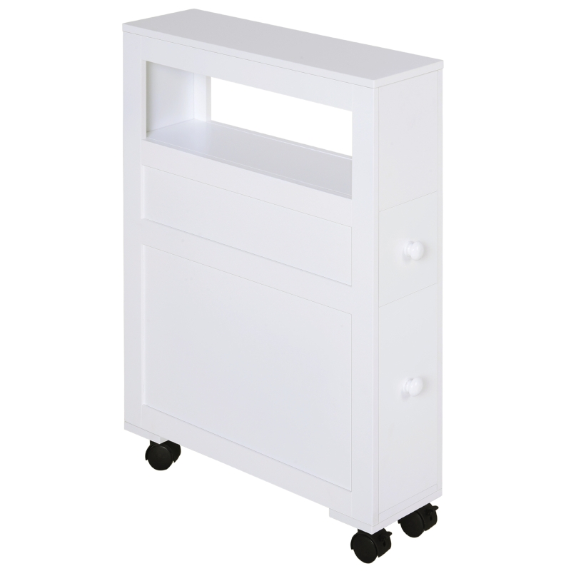 HOMCOM Meuble de rangement de salle de bain sur roulette armoire WC toilettes étagère ouverte 2 tiroirs 16 x 52 x 71,5 cm blanc