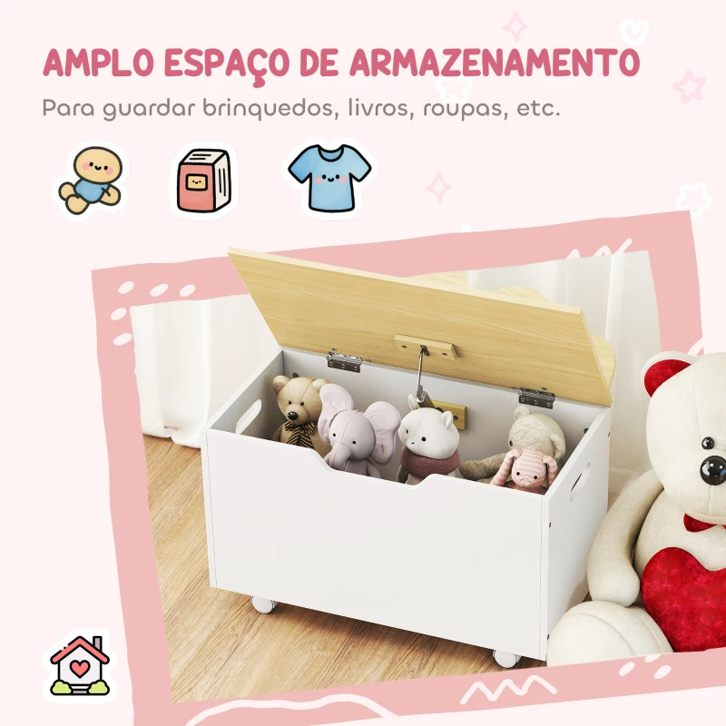AIYAPLAY Baú de Brinquedos com Rodas com Tampa Abatível e Dobradiça de Segurança Desenho de Nuvem  59x30x53 cm Branco e Madeira