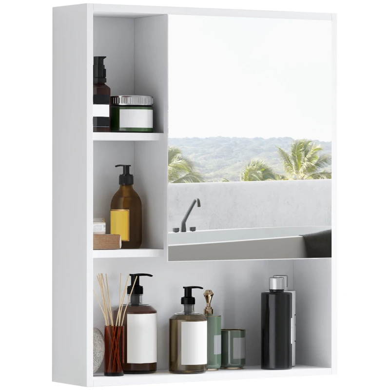 kleankin Armadietto Bagno con Specchio, Ripiani e Scaffale Regolabile, Montaggio a Parete, 60x15x76cm, Bianco