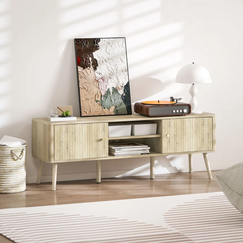 HOMCOM Meuble TV, meuble télé jusqu'à 65 pouces avec 2 portes, 2 compartiments ouverts, étagère réglable, 140x35x49cm, chêne