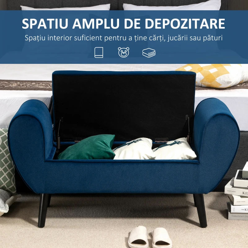 HOMCOM Banca Depozitare Capitonata pentru Dormitor si Hol, Banca Capatul patului din Tesatura Catifelata cu Cotiere, 118x42x66cm, Albastru inchis(m-4)