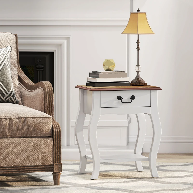 HOMCOM Comodino con Cassetto e Ripiano Aperto in Stile Francese in Legno, 45x35x55 cm, Bianco e Rovere