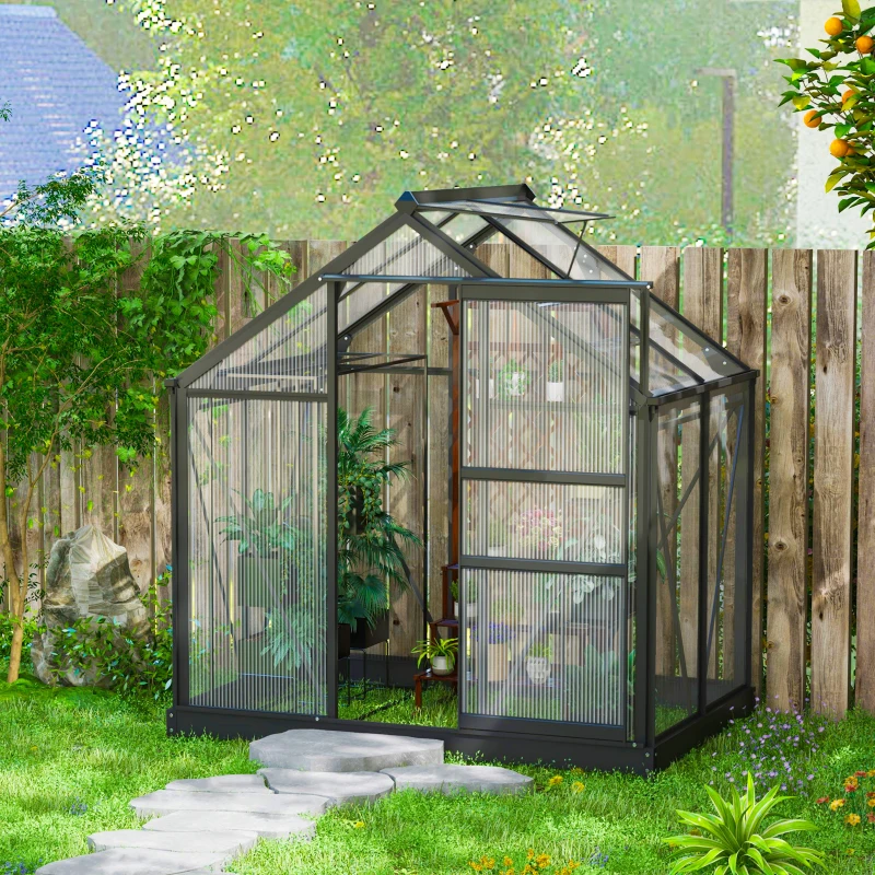 Outsunny 6 x 4ft Polycarbonate Greenhouse - Large Walk-In Green House with Sliding Door and Window, Garden Plants Growth House with Aluminium Frame and Foundation, Grey(m-9)