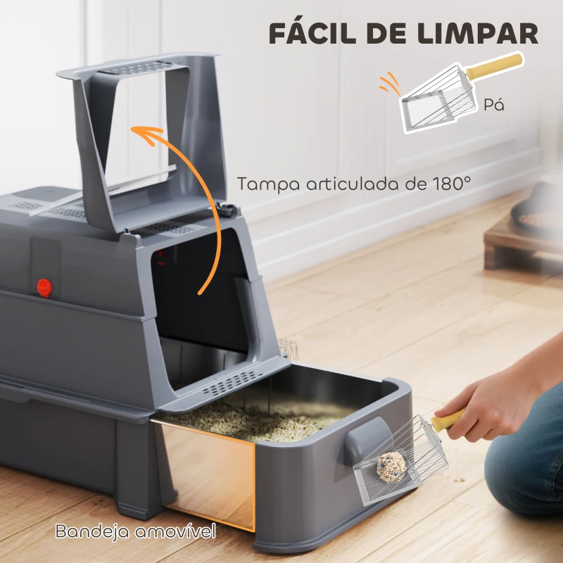 PawHut Caixa de Areia para Gatos de Aço Inoxidável XL com Tampa Articulada 180° Laterais Altas Pedal Pá 63x43x43 cm Cinzento Escuro