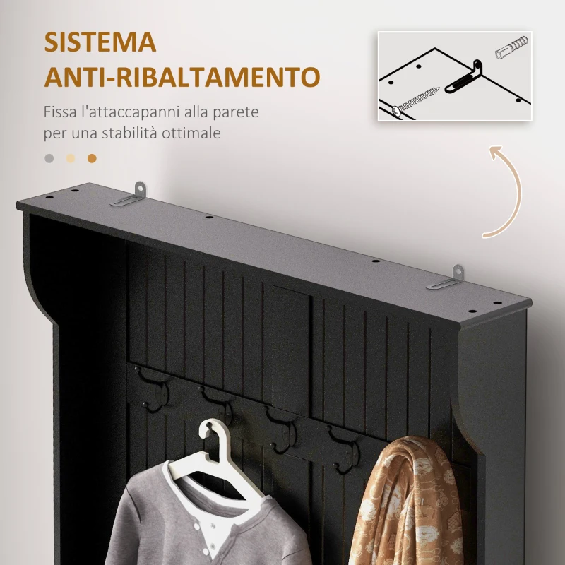 HOMCOM Attaccapanni con Panca di Archiviazione e 5 Ganci Stile Moderno 96x34x179,7 cm Nero