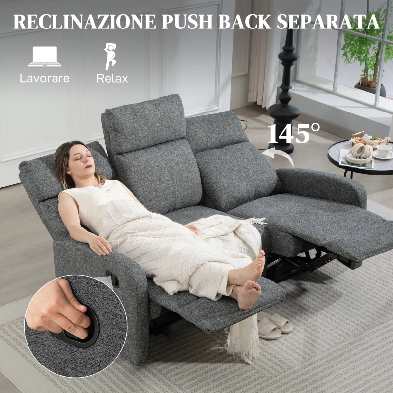 HOMCOM Divano 3 Posti Reclinabile in maniera Indipendente con Rivestimento in Ciniglia Grigia, 179x91x98 cm