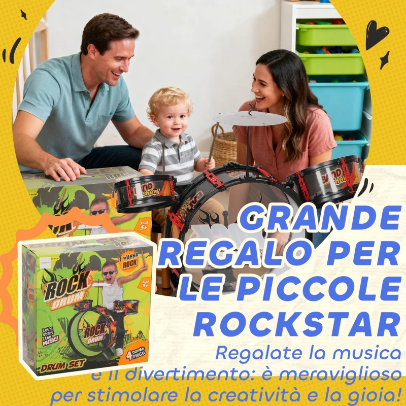 AIYAPLAY Set Batteria Giocattolo per Bambini con Sgabello, Gioco Musicale per Bambini 3-6 Anni, Nero