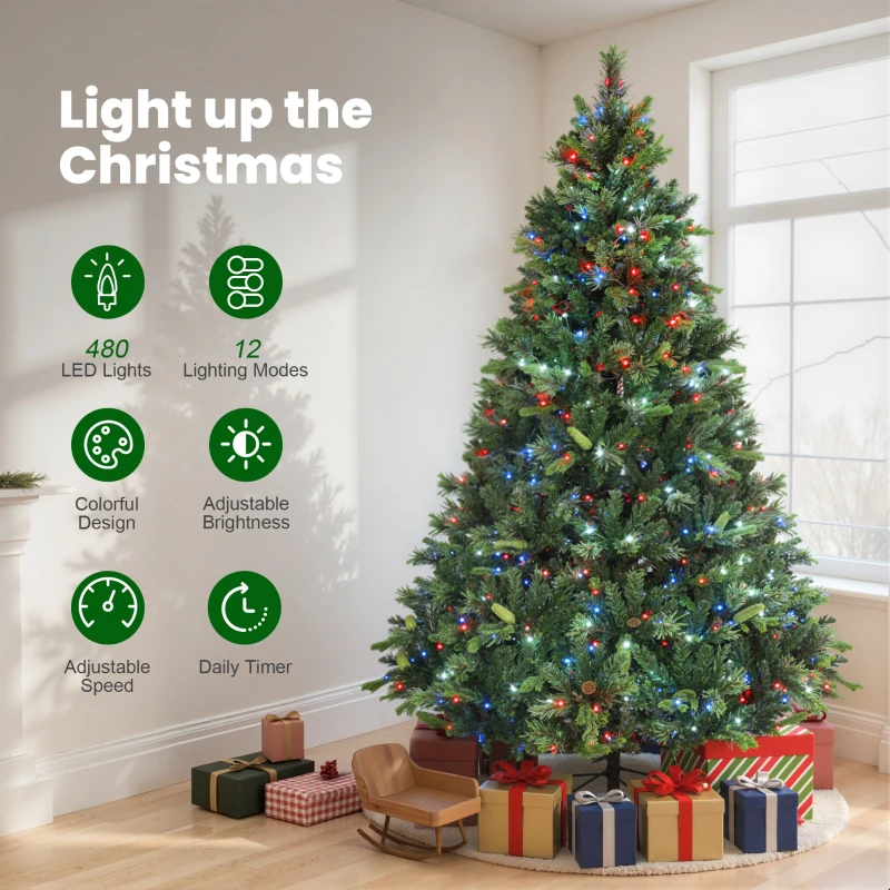 HOMCOM 7.5ft Artificial Pine LED Christmas Tree, with Remote