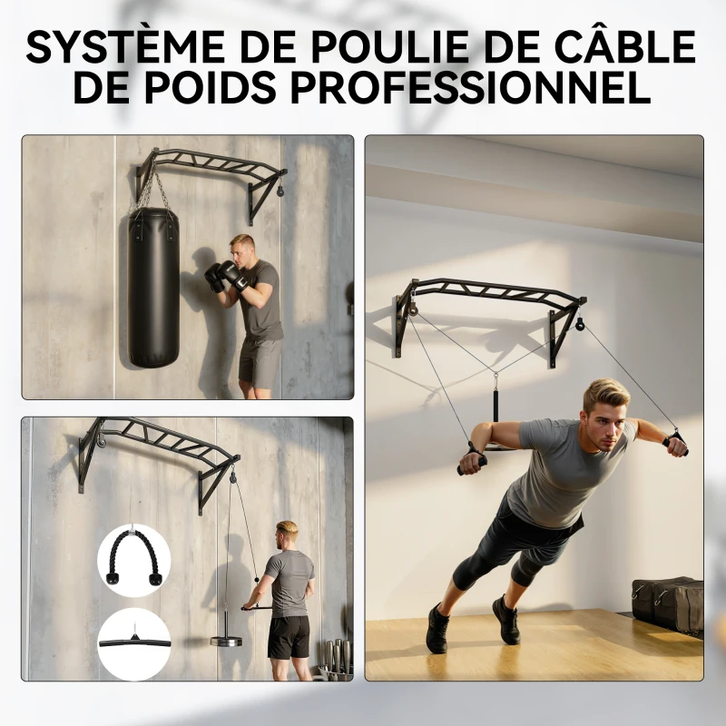 SPORTNOW Barre de traction murale barre de fitness multi-prise système de poulie à câble charge 200kg, acier 126x60x45,5cm, noir