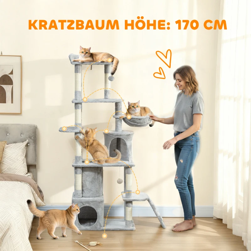 PawHut Katzenkratzbaum, 170 cm, Tunnel, Höhlen, große Basis, Sisalpfosten, Hellgrau