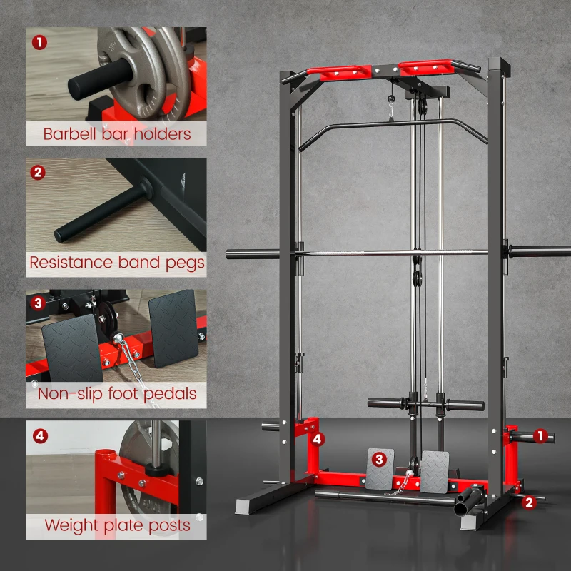SPORTNOW Cable Crossover Machine, Multi-Function Power Rack with Pull Up Bar, Lat Pull Down System, Squat Rack, Barbell Bar