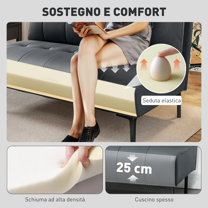 HOMCOM Divano 2 Posti in Finta Pelle Senza Braccioli e Trapuntato a Bottoni, 115x73x83 cm, Nero