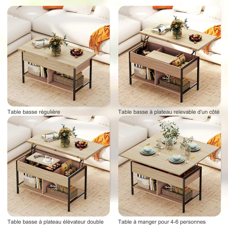 HOMCOM Table basse relevable et extensible, table de salon avec compartiment caché étagères ouvertes, 98x49x55cm, bois naturel