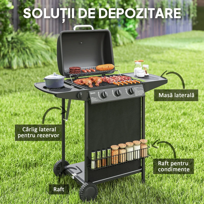 Outsunny Grătar pe Gaz cu 4 Arzătoare Independente și Capac cu Termometru, 108x54x97 cm, Negru