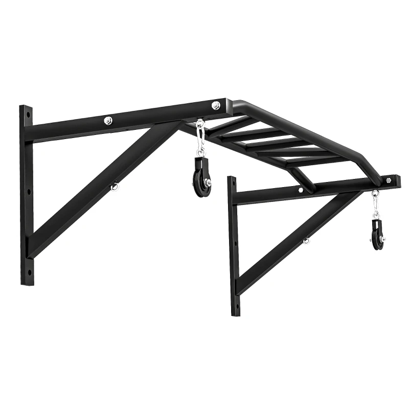 SPORTNOW Barre de traction murale barre de fitness multi-prise système de poulie à câble charge 200kg, acier 126x60x45,5cm, noir