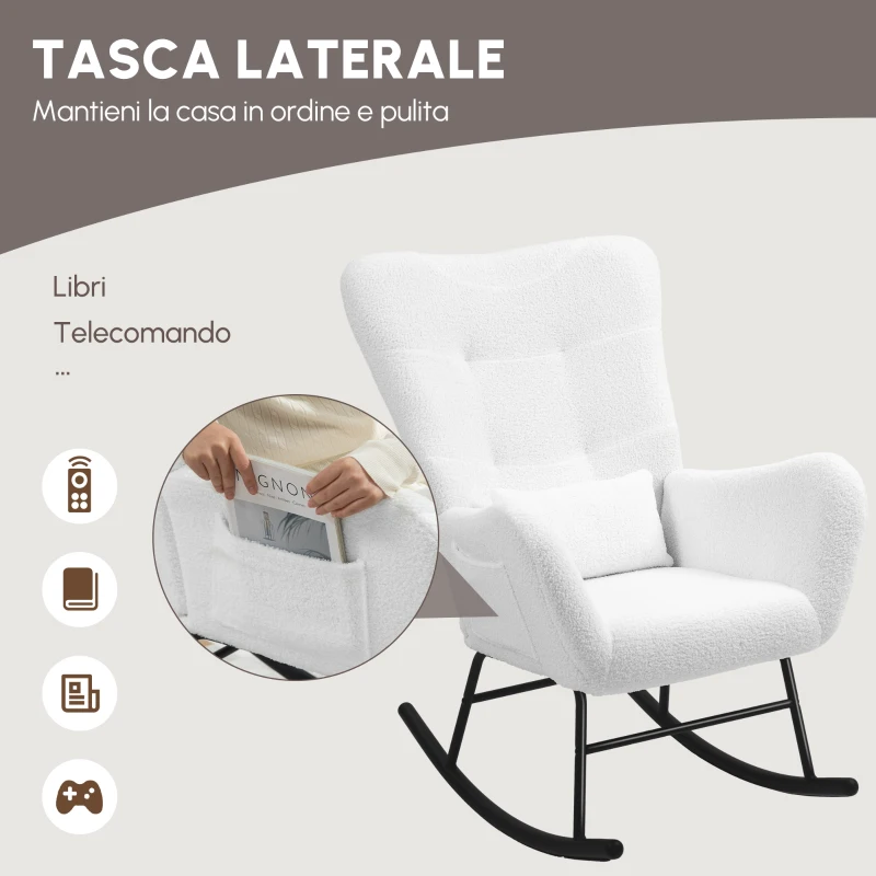 HOMCOM Sedia a Dondolo, Rivestimento in Peluche, Cuscino Lombare, Antiscivolo, fino a 120 kg, Bianco