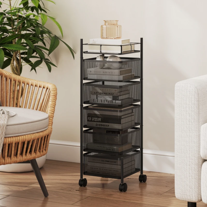 HOMCOM keukenwagen, 5 draaibare manden, 4 zwenkwielen, metalen frame, zwart